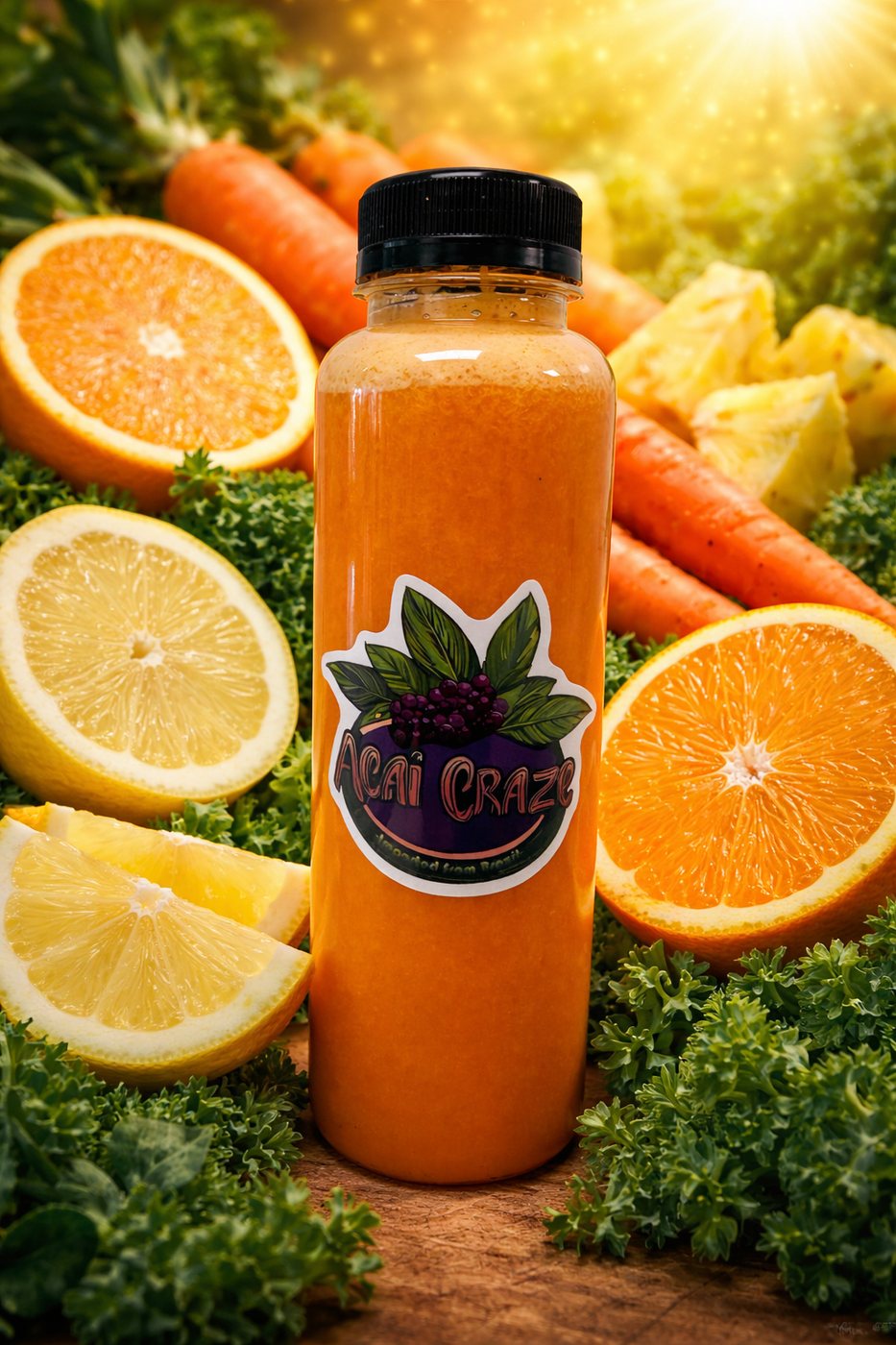 Bottle of Citrus Crush pressed juice with an Acai Craze label