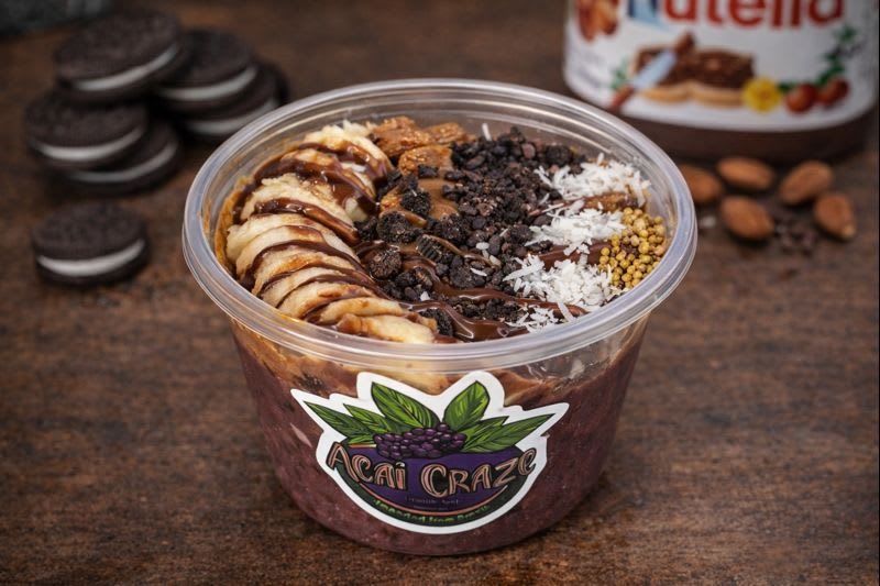 Cookie Monster Bowl: açaí with banana, Oreo crumbles, cacao nibs and coconut under a chocolate drizzle