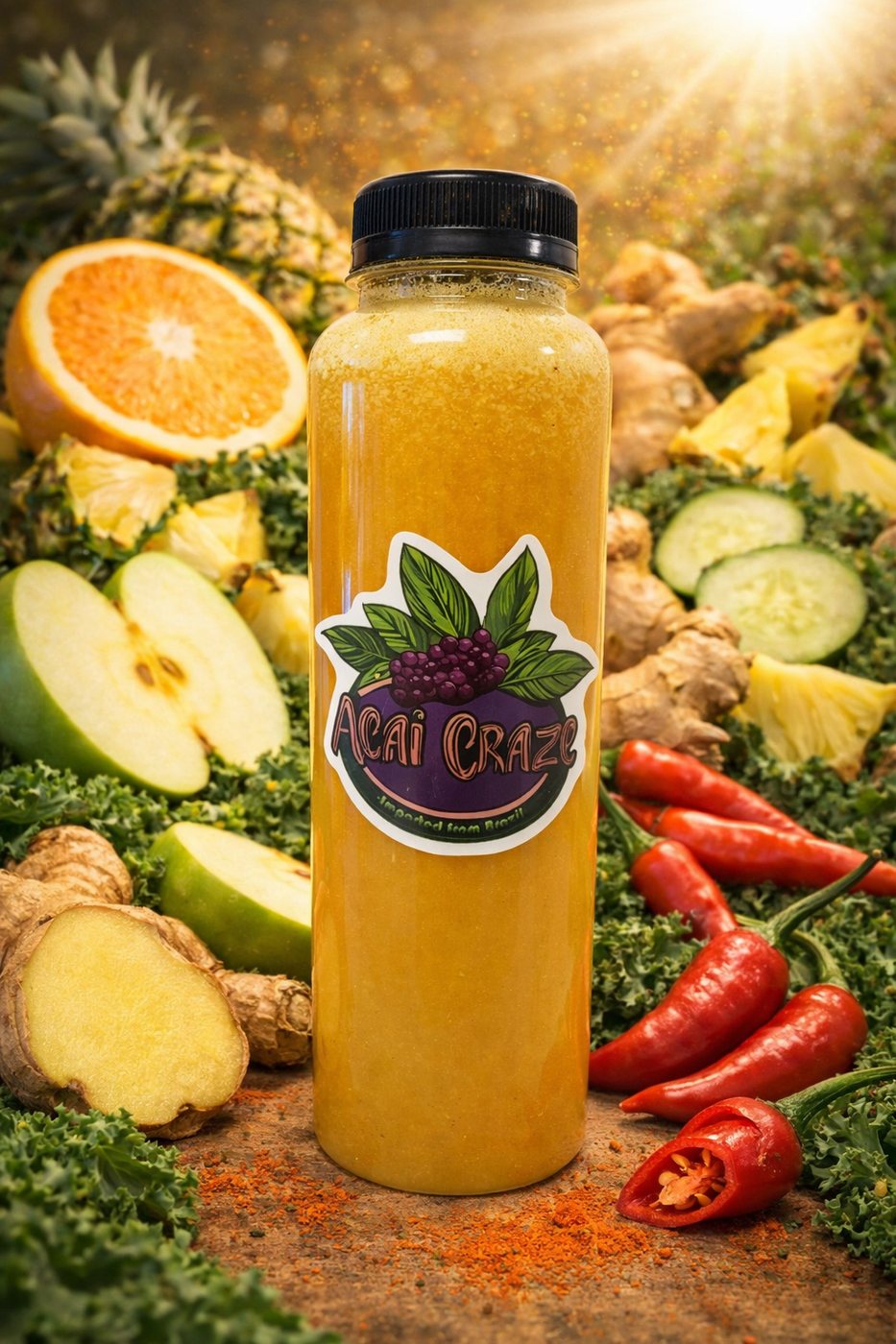 Bottle of Fire Cleanse juice with an Acai Craze label