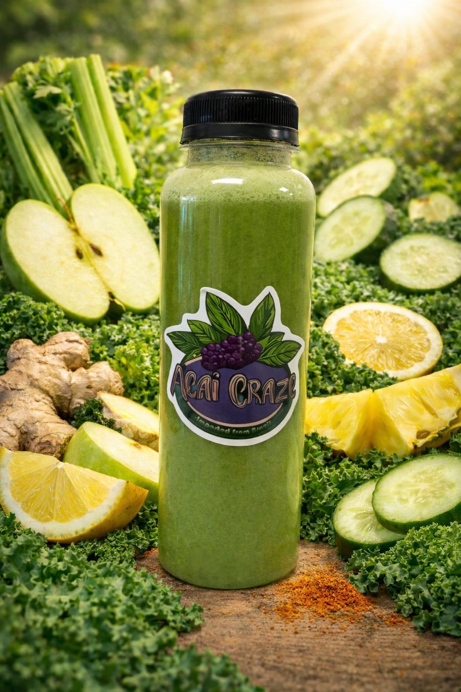 Bottle of Garden Punch green juice with an Acai Craze label