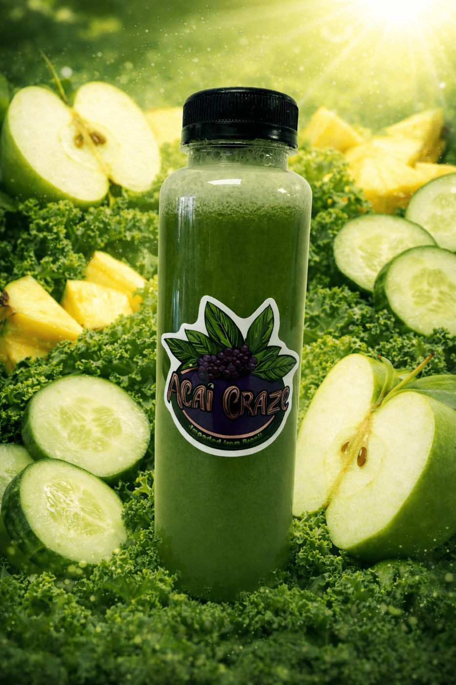 Bottle of Green Glow pressed juice with an Acai Craze label