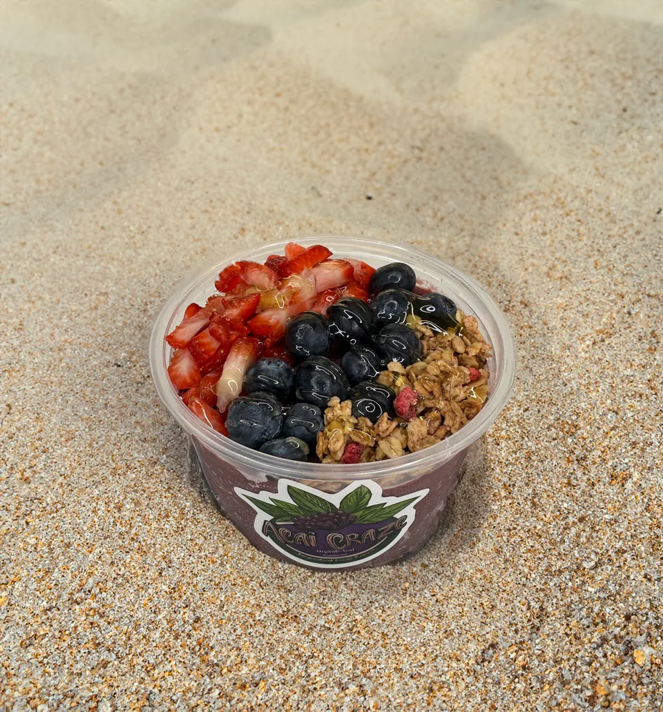 Acai Craze bowl topped with strawberries, blueberries and granola