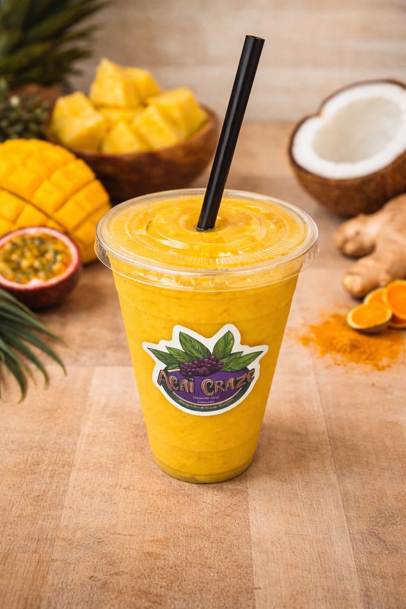 Bright yellow Immunity Boost + smoothie in a branded Acai Craze cup