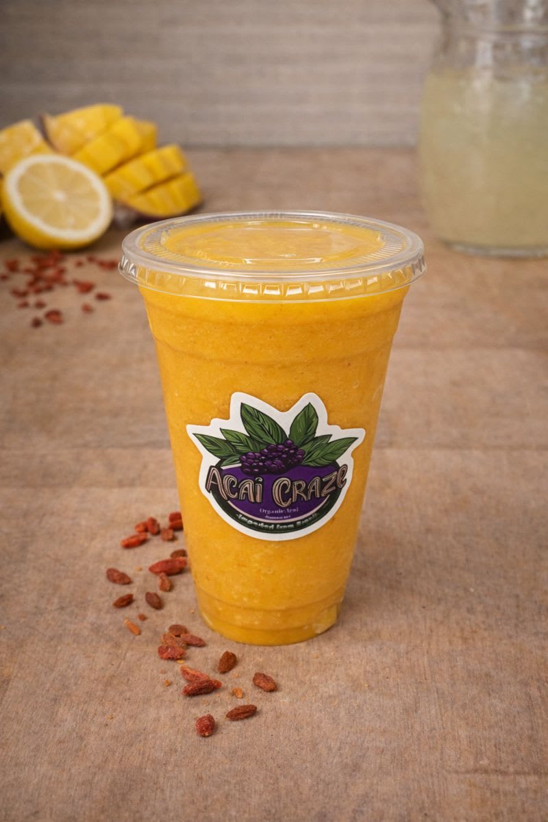 Orange MangoNade in a branded Acai Craze cup with goji berries scattered nearby