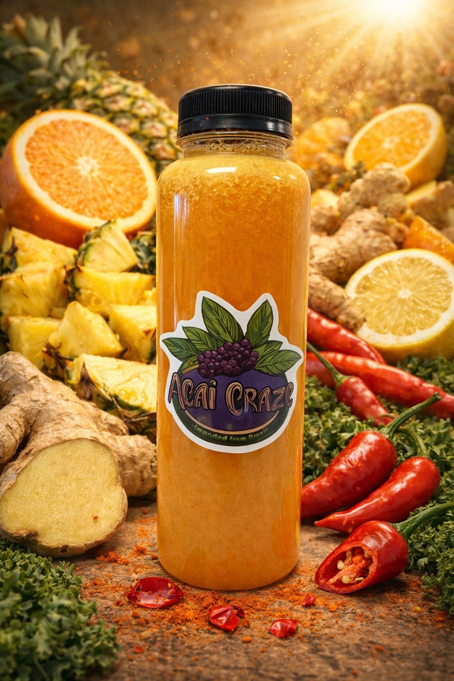 Bottle of Pineapple Heat juice with an Acai Craze label