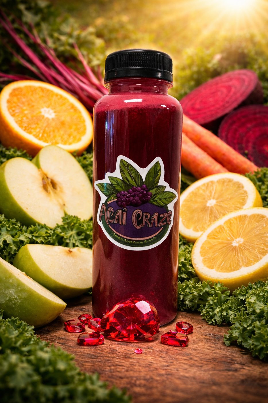 Bottle of deep red Ruby Reset pressed juice with an Acai Craze label