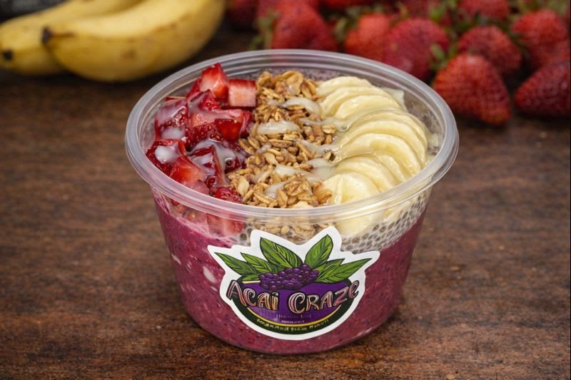 S-berry Sensation Bowl: açaí topped with strawberries, granola, banana and chia pudding