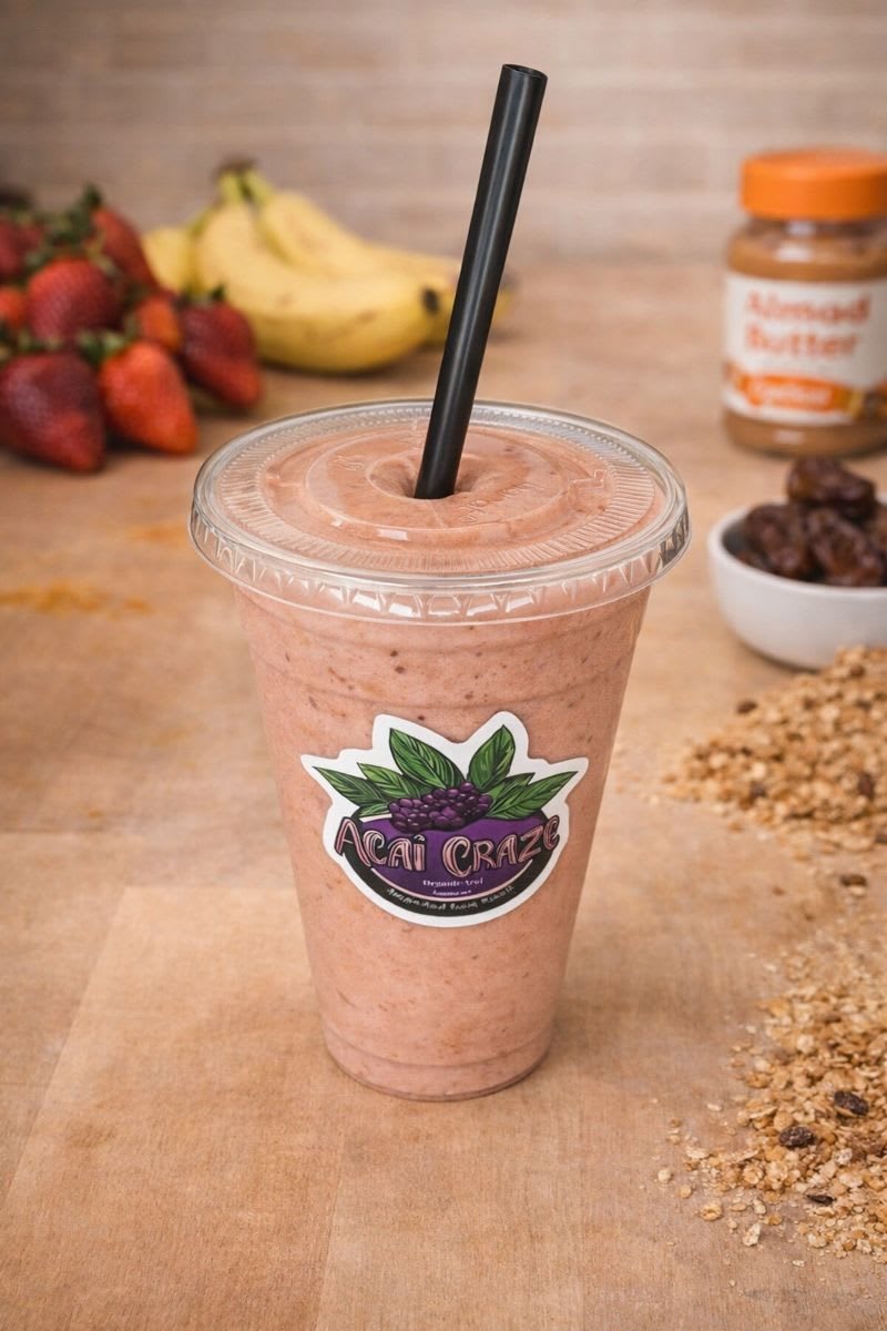 Strawberry Banana Blast smoothie in a branded Acai Craze cup