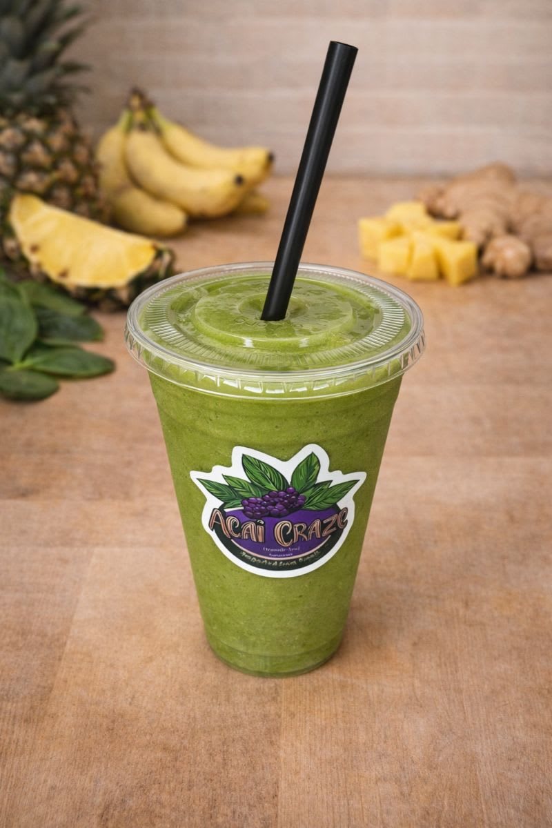 Green The Detoxer smoothie in a branded Acai Craze cup