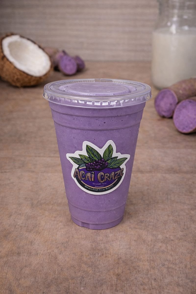 Lavender Ube Smoothie in a branded Acai Craze cup